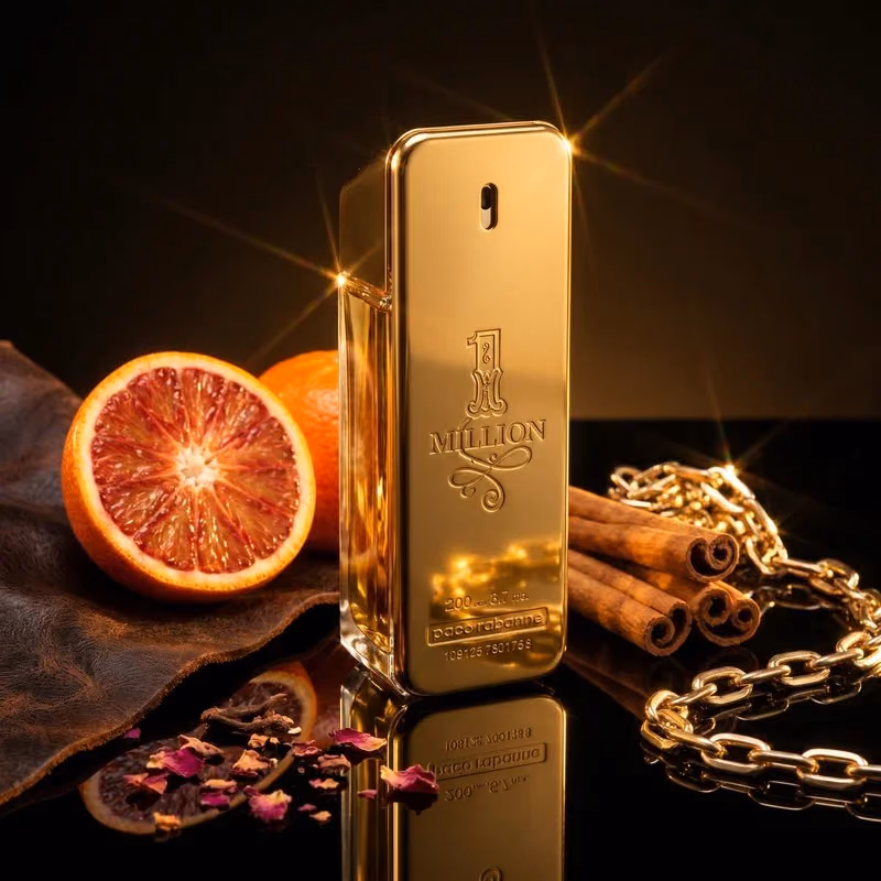 A perfume bottle in warm studio light