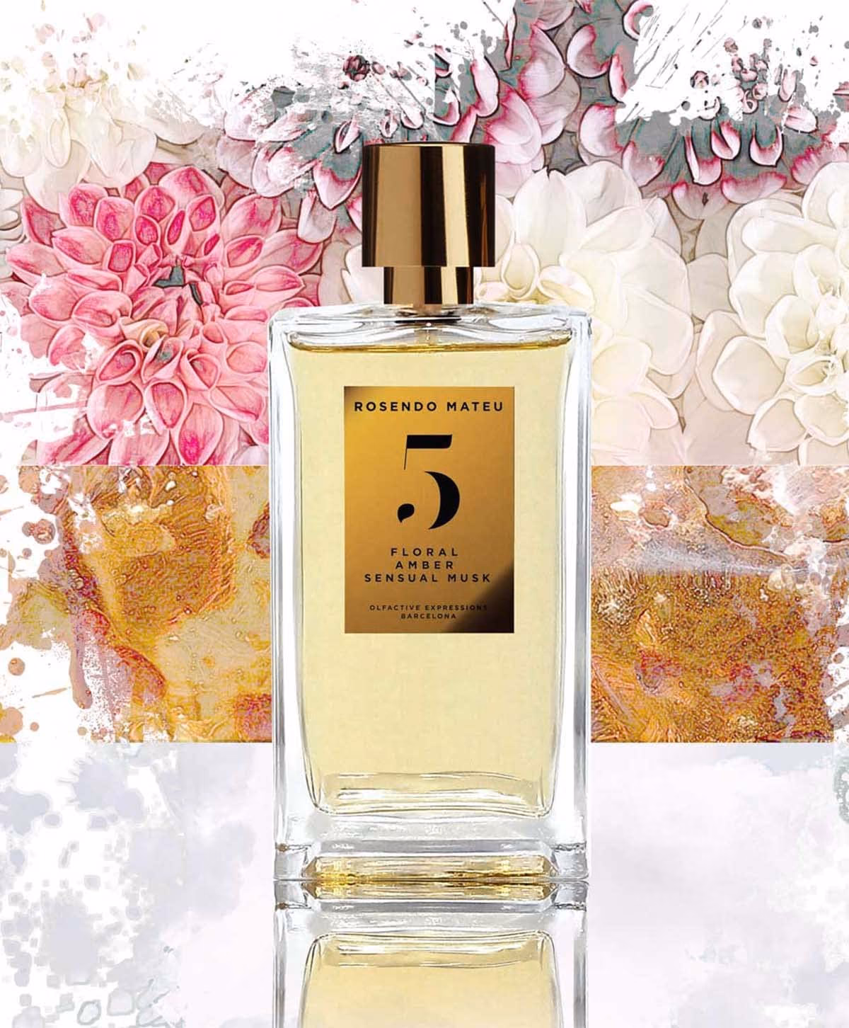 A perfume bottle in warm studio light
