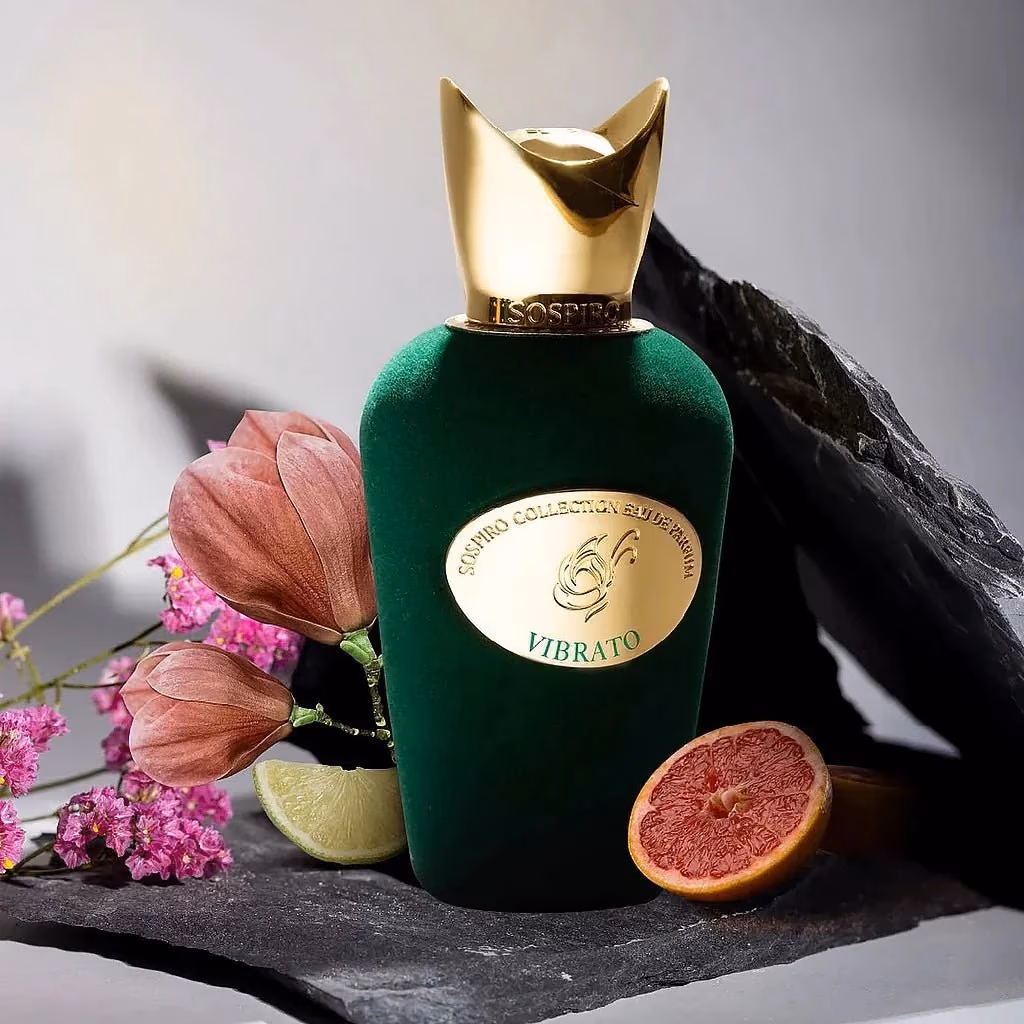 A perfume bottle in warm studio light