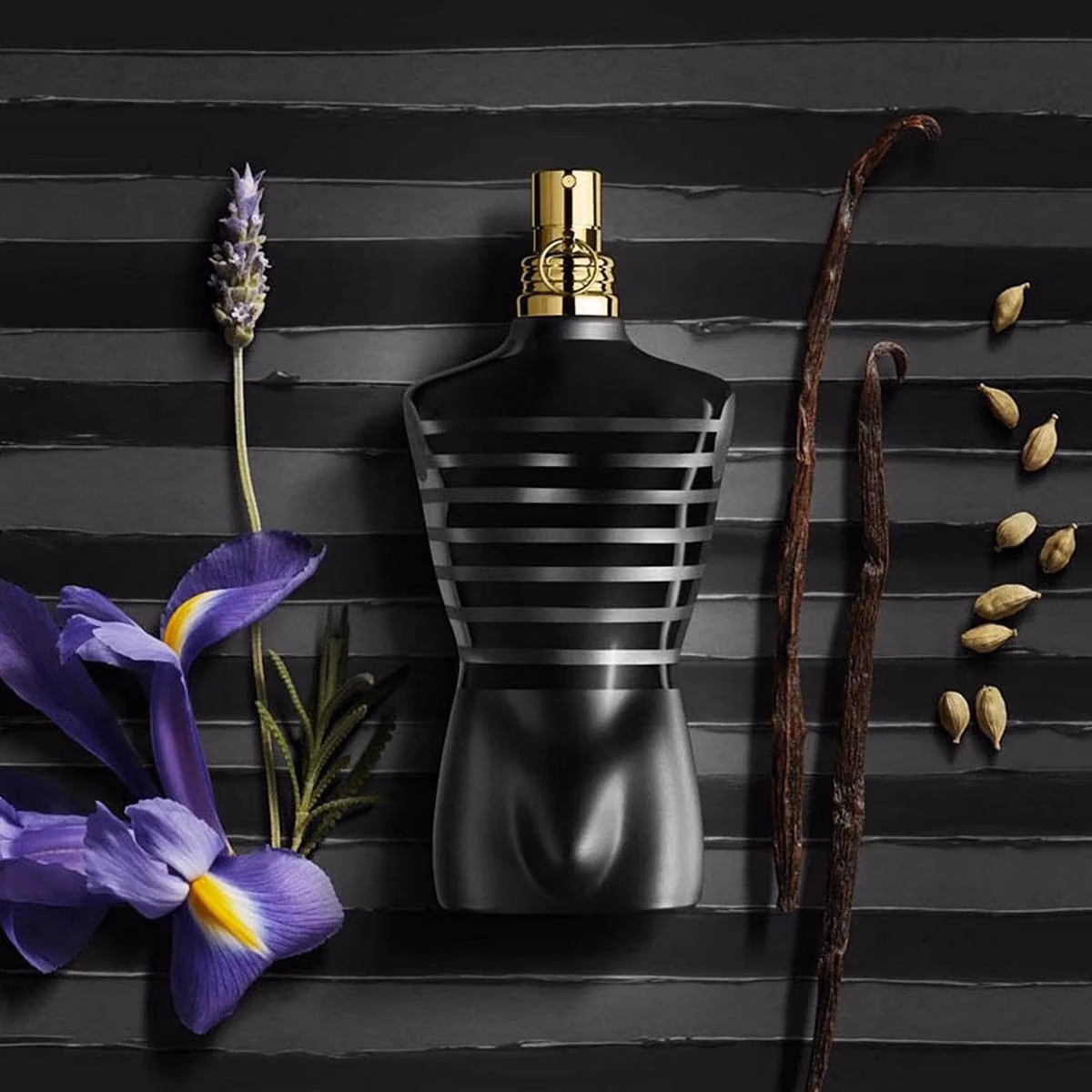 A perfume bottle in warm studio light