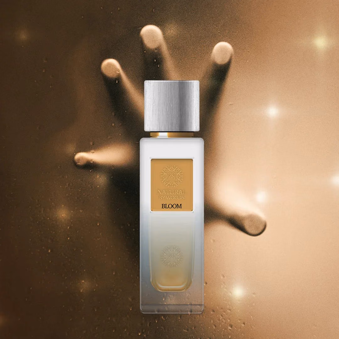 A perfume bottle in warm studio light